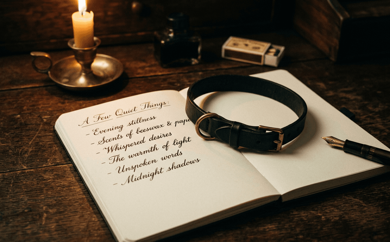 Leather collar with a brass ring resting on a handwritten notebook by candlelight