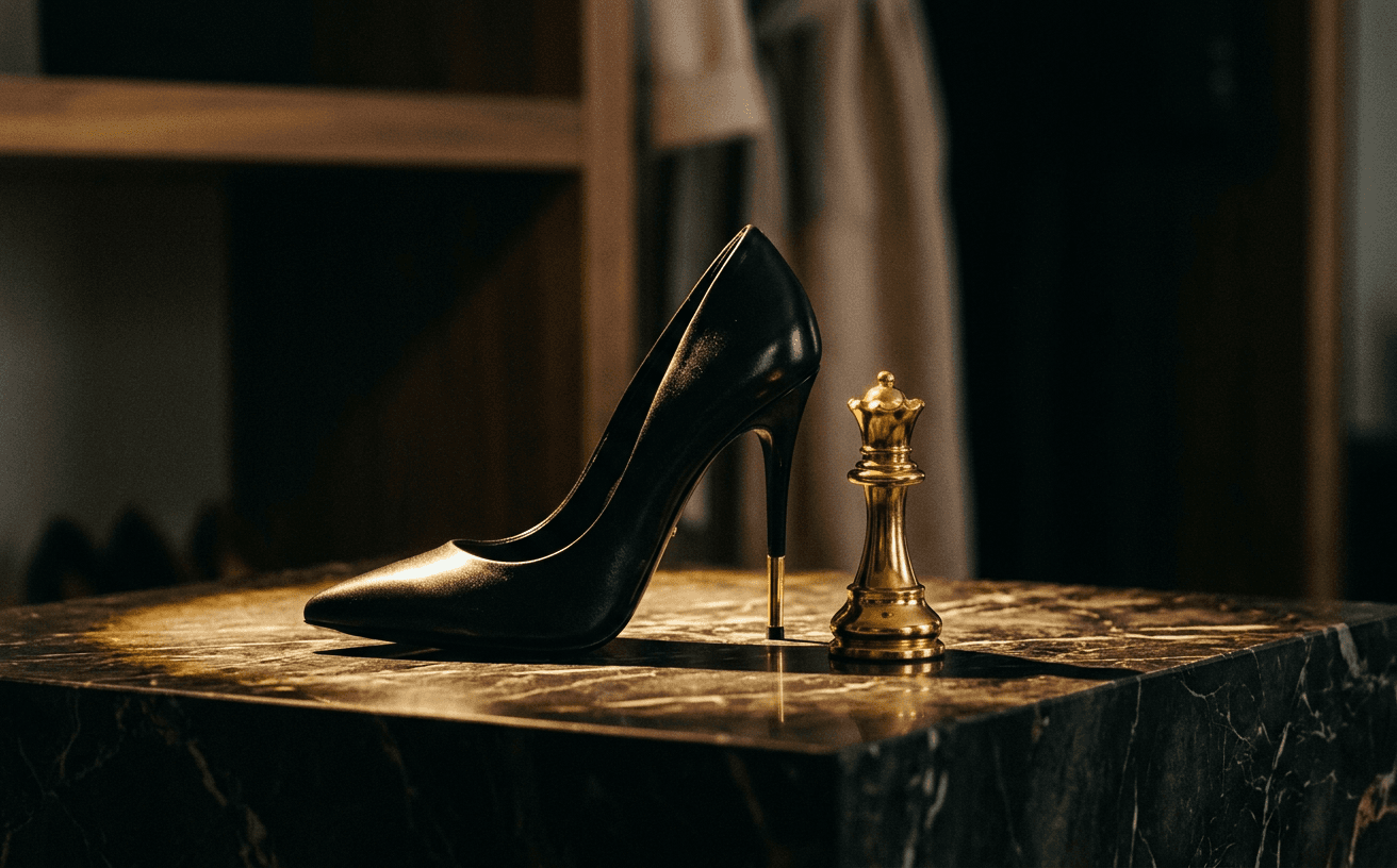 Schwarzer Stiletto-Absatz neben einer goldenen Schachkönigin auf dunklem Marmor