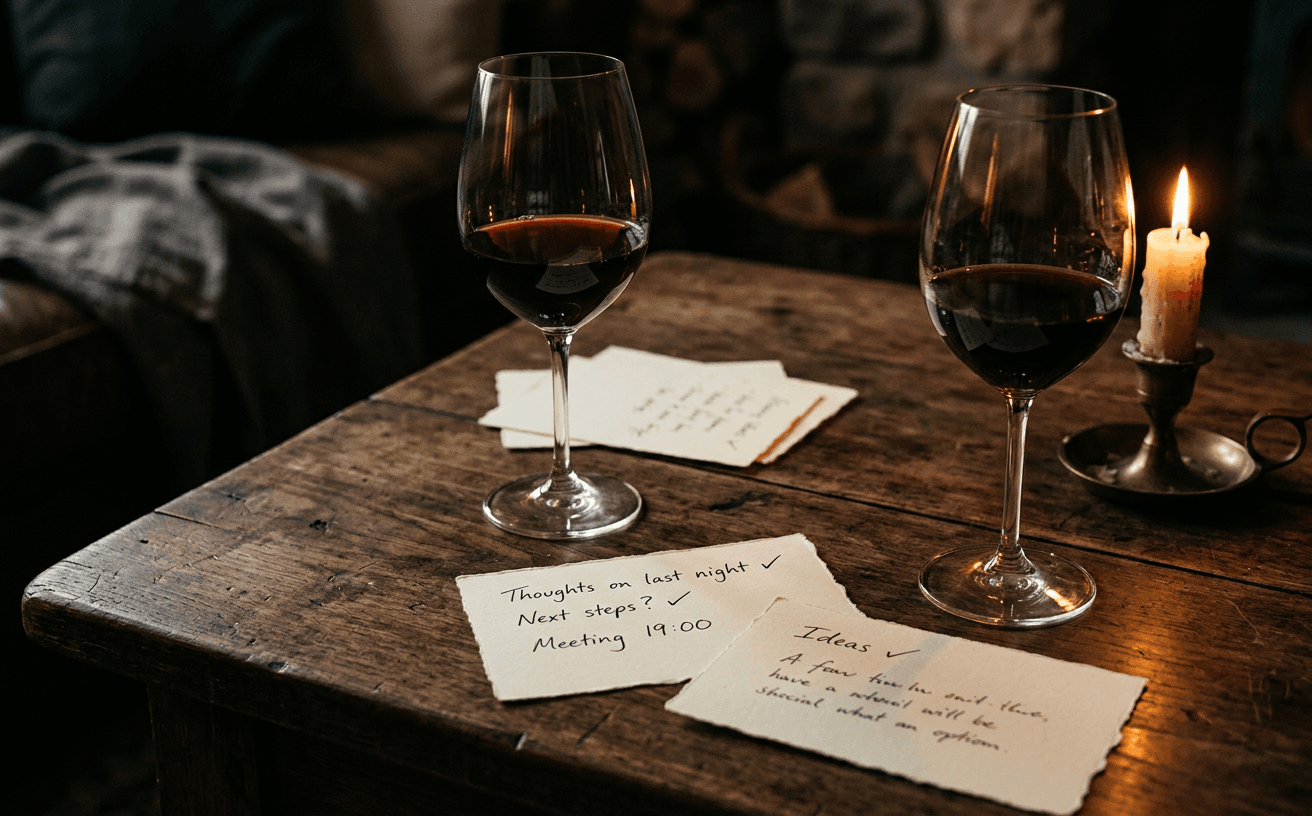 Zwei Gläser Rotwein und handgeschriebene Karteikarten auf einem dunklen Walnusstisch